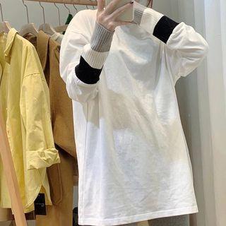 Long-sleeve Round-neck Color-block Top