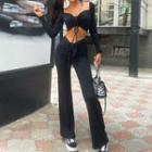 Set: Sweetheart Collar Long-sleeve Crop Top + Ruched Wide Leg Pants