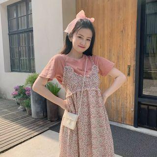 Plain Short-sleeve T-shirt / Floral Strappy Midi A-line Dress / Set