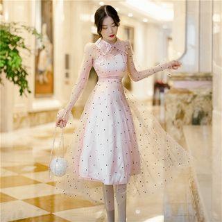 Long-sleeve Dotted Mesh Midi A-line Dress