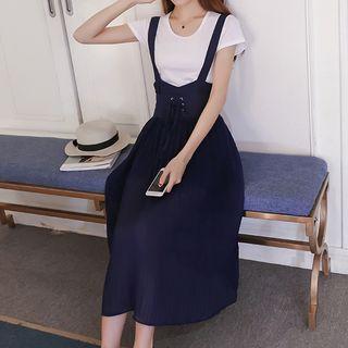 Set: Plain Short Sleeve T-shirt + Pleated Suspender Midi Skirt