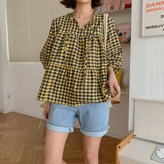 Tie-neck Gingham Tiered Blouse
