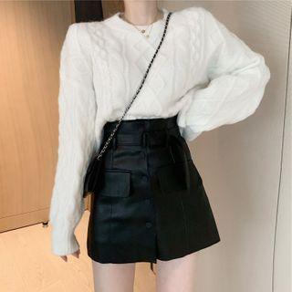 Cable Knit Sweater / Faux Leather Mini Skirt