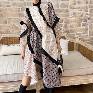 Long-sleeve Floral Print Patchwork Midi Dress