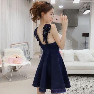 Spaghetti-strap Gathered-waist A-line V-neck Denim Dress