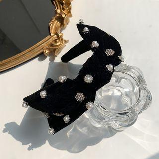 Faux Pearl Rhinestone Velvet Headband 1 Pc - Black - One Size