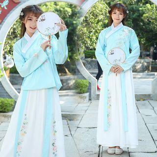 Flower Embroidered Long-sleeve Top / A-line Maxi Skirt