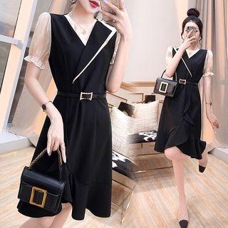 Puff-sleeve Belted V-neck A-line Dress