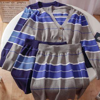 Set: Striped Cropped Tube Top + Mini Pencil Skirt + Cardigan