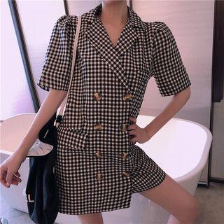 Double-breasted Plaid Short-sleeve Dress As Shown In Figure - One Size