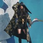 Embroidery Zip-up Hooded Long Coat Gold & Navy Blue Floral - Black - One Size