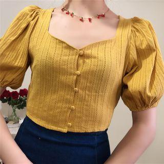 Plain Embroidered Striped Puff-sleeve Blouse
