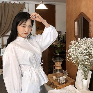 Tie-waist Lace-trim Cotton Blouse