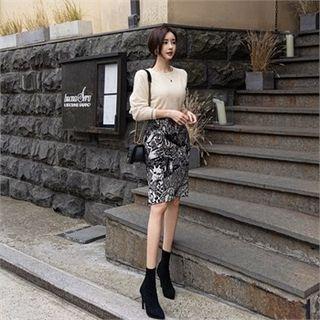 Set: Plain Knit Top + Printed Knit Skirt Beige - One Size