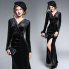 Plain Long Sleeve Maxi Velvet Dress