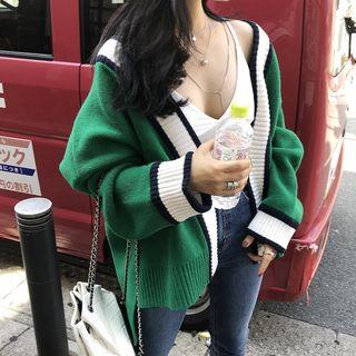 Contrast-trim Open-front Cardigan Green - One Size