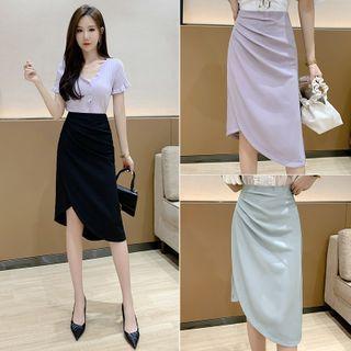 Shirred Asymmetric Hem Midi Straight-fit Skirt