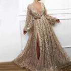 Long-sleeve Plunge-neck Sequined Mesh A-line Gown
