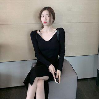 Long-sleeve Side-slit Knit Midi Sheath Dress Black - One Size