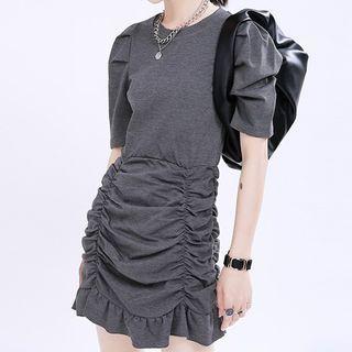 Short-sleeve Shirred Ruffle Hem Mini Sheath Dress