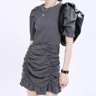 Short-sleeve Shirred Ruffle Hem Mini Sheath Dress