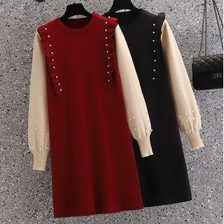 Two-tone Ruffled Knit A-line Dress