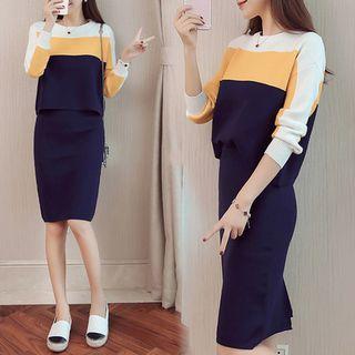 Set: Color Block Sweater + Pencil Knit Skirt