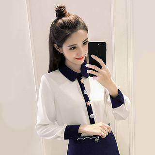 Contrast Trim Flower Applique Chiffon Shirt