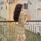 Plaid Puff-sleeve Mini A-line Dress