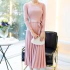 Long-sleeve Midi Pleated Knit Dress Pink - One Size