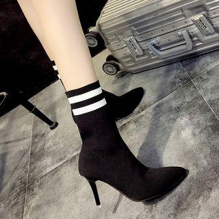 Elastic Fabric Striped High-heel Mid-calf Boots