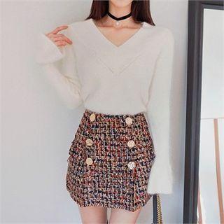 V-neck Ruffle-cuff Furry Sweater