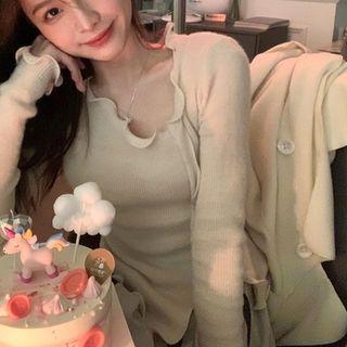 Plain Lettuce Edge Knit Top Almond - One Size