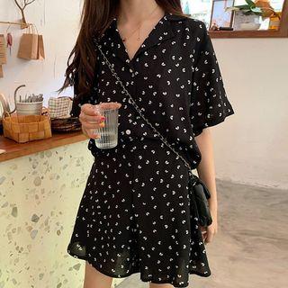 Long-sleeved Floral Print Chiffon Dress Black - One Size