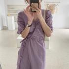 Puff-sleeve Plain Midi Dress Purple - One Size