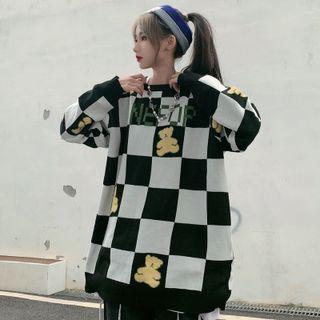 Checkerboard Bear Print Sweater