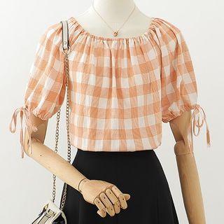 Short-sleeve Check Chiffon Top