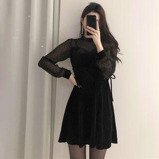 Long-sleeve Heart Patterned Paneled A-line Mini Dress Black - One Size
