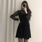Long-sleeve Heart Patterned Paneled A-line Mini Dress Black - One Size