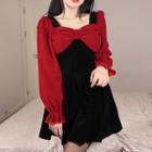 Long-sleeve Two-tone Panel Velvet Mini A-line Dress