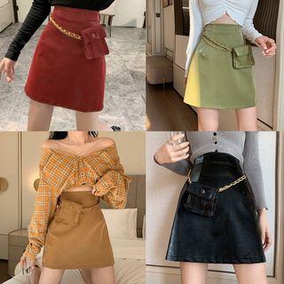 Set: Faux Leather A-line Skirt + Chained Belt Bag