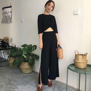 Set: 3/4-sleeve Cropped T-shirt + Cropped Wide Leg Pants