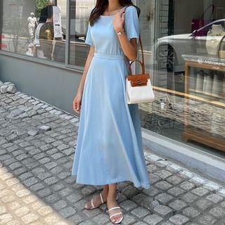 Square-neck Denim Flared Long Dress Blue - One Size