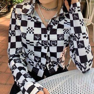Long Sleeve Pattern Print Plaid Crop Shirt