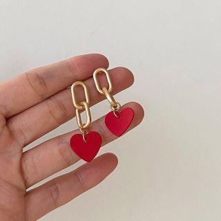 Heart Chain Drop Earring 1 Pair - Silver Stud - Gold & Red - One Size
