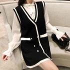 Frill-trim Long-sleeve Button Blouse / Knit Sleeveless Button Mini Dress