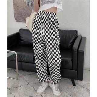 Plaid High-waist Wide-leg Pants Plaid - Black & White - One Size