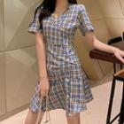 Short-sleeve V-neck Plaid Mini A-line Dress