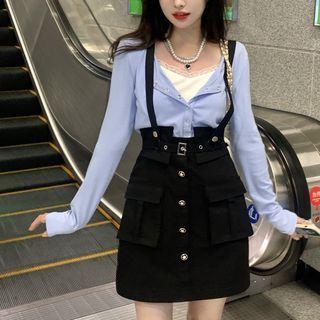 Long-sleeve Mock Two-piece T-shirt / Button-up Mini Pencil Skirt