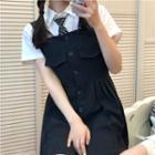 Short-sleeve Shirt / Striped Tie / Pleated Mini A-line Overall Dress / Set